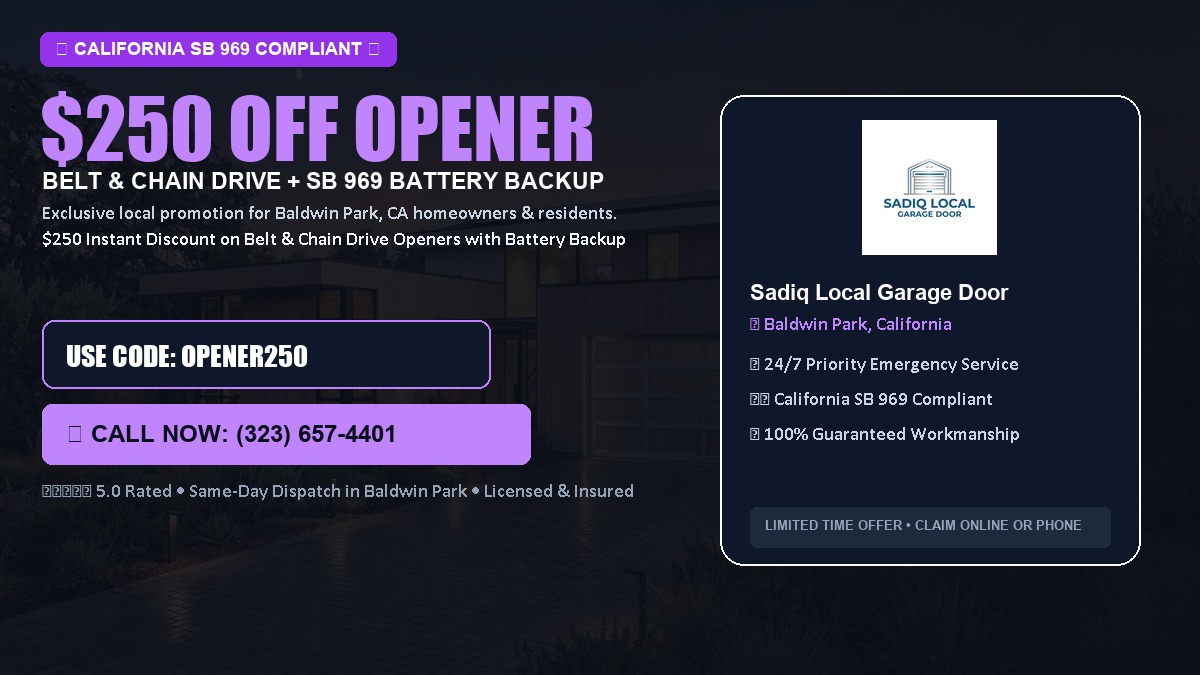 $250 OFF Smart Garage Door Opener Installation (Belt & Chain Drive with California SB 969 Battery Backup) in Baldwin Park, CA